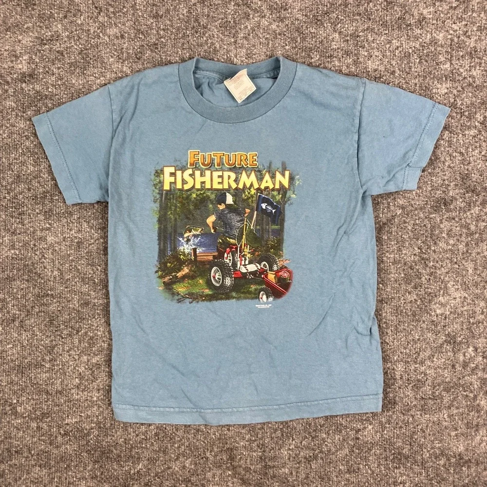 Alstyle T-Shirt Youth XS Blue Future Fisherman Graphic Short Sleeve Outdoors Tee